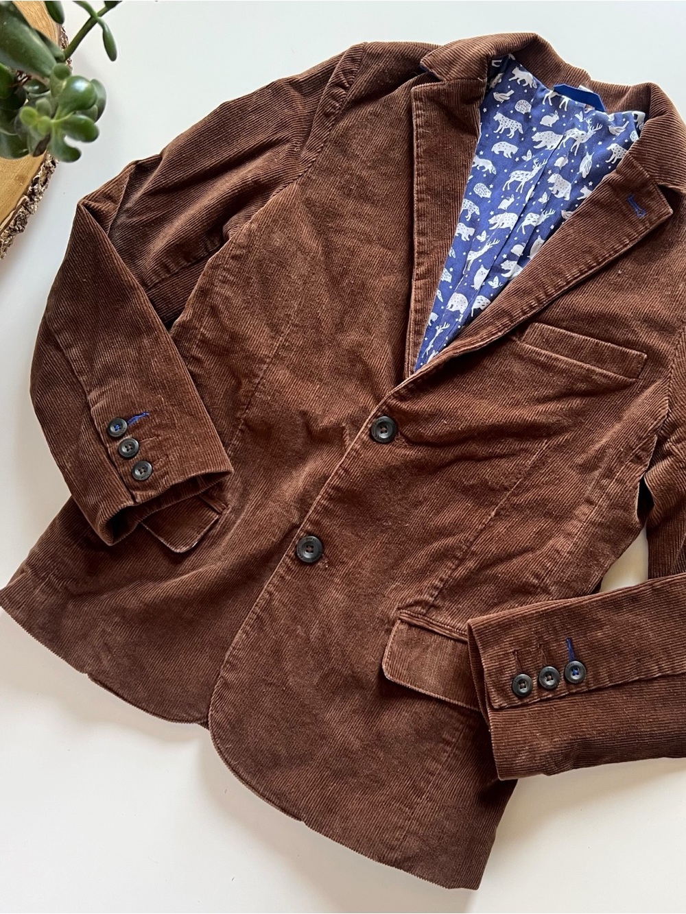Mini Boden Boys Brown Corduroy Two Button Blazer With Animal Lining | 11-12